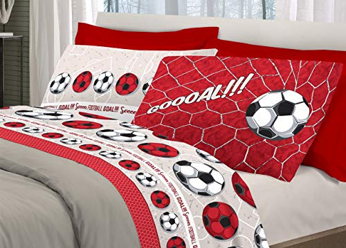 BIANCHERIAWEB Completo Lenzuola Linea Pensieri Delicati 100% Cotone Disegno Calcio Piazza E Mezza Rosso
