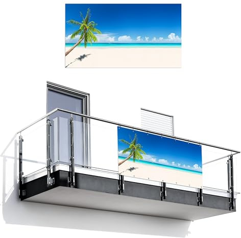 MuchoWow© Balkon Seitensichtschutz Einseitig Groß PVC Terrassen | 110x200 cm - Gartensichtschutz ohne bohren Wetterfest Zaun Schutz Terrasse Balcony Decoration Palme - Strand - Meer