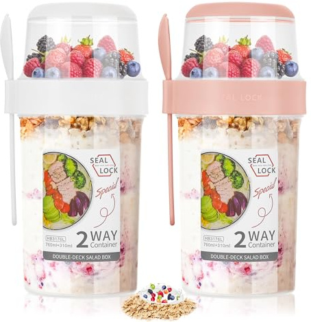 Hejo 2 Stück Müslibecher to Go, 760ml+310ml Joghurtbecher to Go mit Löffel, Doppelschichter Joghurt to Go Becher, Auslaufsicherer Salatbecher, Müslidose für Unterwegs, Arbeit, Schule (Pink&Weiß)