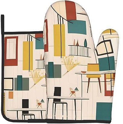 YYHWHJDE Set di 2 guanti da forno e presine con stampe moderne di metà secolo, utilizzati per aprire i coperchi delle pentole in cucina e per trasportare piatti dai forni a microonde