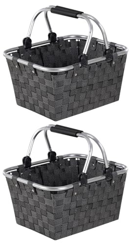 Home4You Einkaufskörbe 2er Set mit Griffen - 40 x 19,5 x 30 cm - Schwarz - Kunststoff - Einkaufstasche Tragekorb Flechtkorb