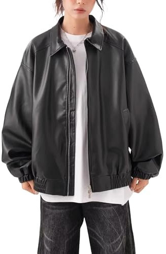 A&M Express Damen Kunstleder Oversized Jacke - Langarm Reiterjacke, Schwarz , 3XL