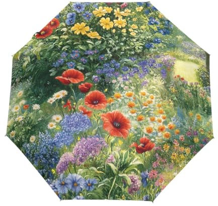 Gartenschirm mit bunten Blumen, automatisches Öffnen und Schließen, kompakt, zusammenklappbar
