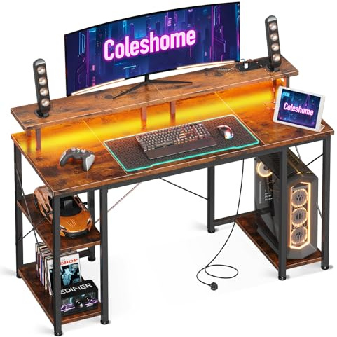 Coleshome Gaming Desk with LED Lights, 120x50 cm Computer desk with Power Outlets, Gaming PC Table with Monitor Stand, Storage Shelves, CPU Stand, Vintage Brown