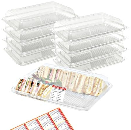 10 MEDIUM Clear Base Sandwich Platters with Lids & Allergy Labels - Reusable Catering Trays for Parties, Weddings & Events – Labels Comply with Natasha's Law ( 390 x 290 x 70 mm ) (Pack of 10)
