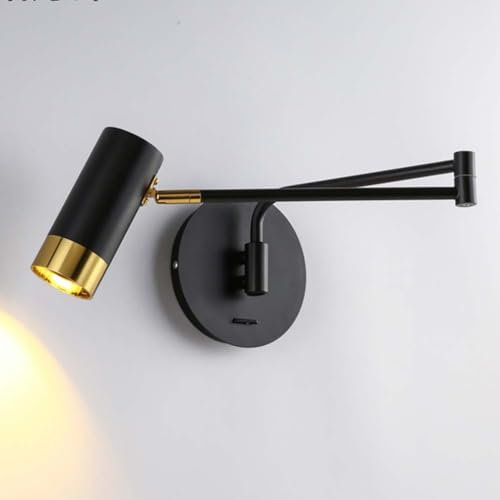 AoLa Schwenkarm Wandleuchte mit Schalter Vintage Wandlampe E27 Industrie Retro Lampe Innen Verstellbare Langer Arm Leseleuchte Faltbar Langmast Nachttischlampe für Schlafzimmer Büro Hotel,Schwarz