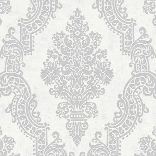 Barocktapet Profhome 397655-GU fibertapet strukturerad med ornament skimrande vit grå 5,33 m2
