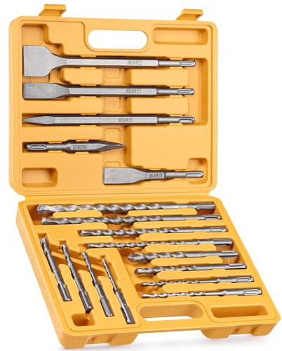 TGFTGF 17-Piece SDS Plus Rotary Hammer Drill Bits and Chisel Set, YG8C Carbide Tips, SDS Plus Bits, Masonry Drill Bit Set for Concrete, Brick and Stone, with Storage Case, Ideal Tool for DIY, Home