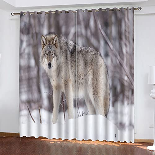 MAYNUO Blickdichte Vorhänge Mit Motiv 3D Winter Tier Schneewolf Kinder Gardinen Ösen Gardine Thermo 280x160 cm Schlafzimmer Kinderzimmer Vorhange Dekoratives Muster, Verdunklungsvorhänge