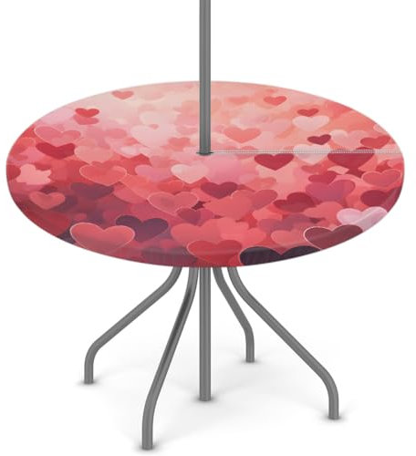 Woltant Tovaglia rotonda con foro per ombrellone e cerniera, facile da pulire, con bordi elastici, protezione per tavolo da giardino, patio, barbecue (cuori rossi)