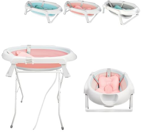 XUANYU 2 en 1 Baignoire Bébé avec Support 85 cm, Baignoire Bebe sur Pied, Bassine Pliable Bebe avec Coussin de Bain, Antidérapant, Sécurisée et Confortable (Bleu)