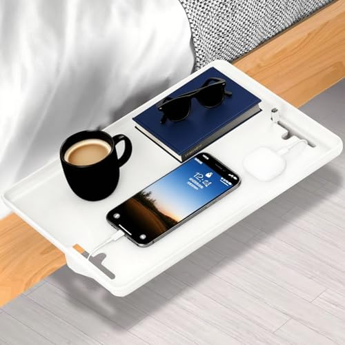 FuxFuis Estante para Mesita de Noche Bandeja Ajustable con Clip para Cama Estante para Mesita de Noche con Orificio para Cable Estante Organizador Colgante Extraíble para Guardar el Teléfono Libros