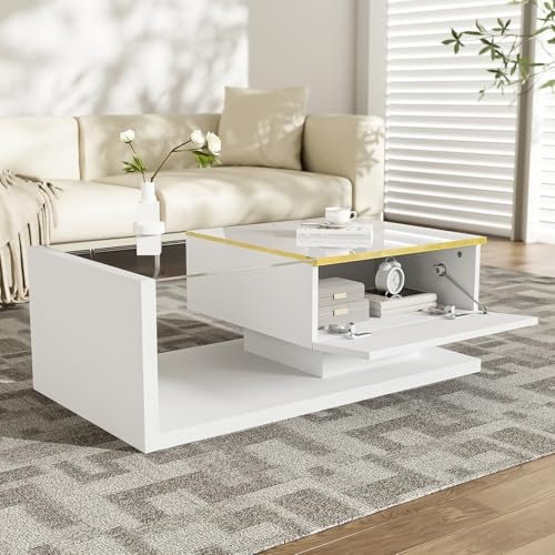 mesa de centro con luz LED ajustable, almacenamiento abierto, rectangular, bandeja de cristal templado, salón moderno 90 x 50 x 32,5 (blanco b, B'