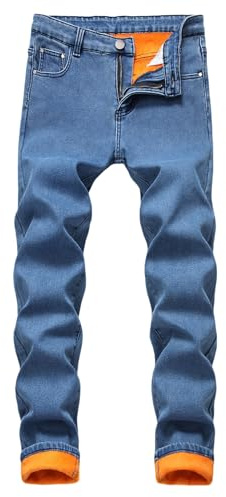 Asoodiy Thermal Jeans Mens Fleece Lined Denim Trousers Warm Winter Comfort Pants Light Blue 34