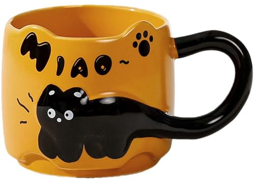 ZONSUSE Taza Gato Negro Creativa, Taza de Cerámica 3D con Cola como Asa, Taza Animal Kawaii para Café Desayuno, Regalo para Mujeres Niñas Niños Amantes de Gatos, 380ml (Gato Negro-Naranja)