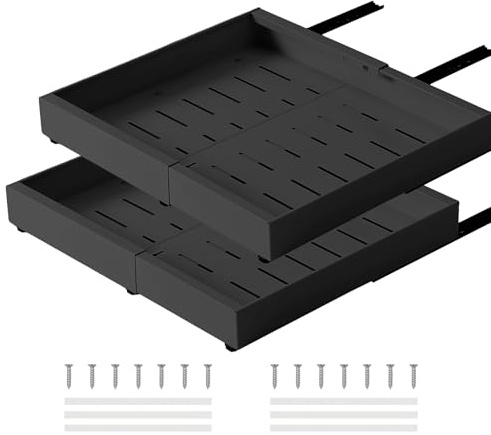 HaiYiZuhause Ausziehbarer Schrank-Organizer, Ausziehbarer Schiebe-Schiebe-Pantry-Regale Lagerung, Kein Punch für Küchenbasisschrank-Organisation, Pantry (2er-Pack, 42 cm tief, schwarz)
