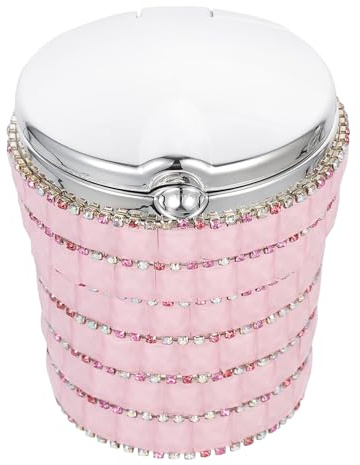 FELTECHELECTR Cenicero de Coche con Tapa Sellada Luz LED Integrada Plástico Duradero Diseño con Gemas de Imitación en Color Rosa Pequeño y Práctico para Uso Nocturno en Automóvil