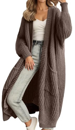 Generisk kofta dam lång grovstickad jacka cardigan oversize vinter koftor stickad rock elegant lång kofta med fickor öppen front tröja kofta lång dam, A02 brun, XL