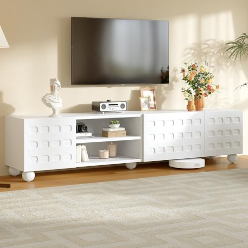 VIEKOS Mueble bajo para TV (200 x 40 x 44 cm, 3 puertas, con diseño impreso, 5 patas, 200 cm, apto para televisores de hasta 80 pulgadas), color blanco