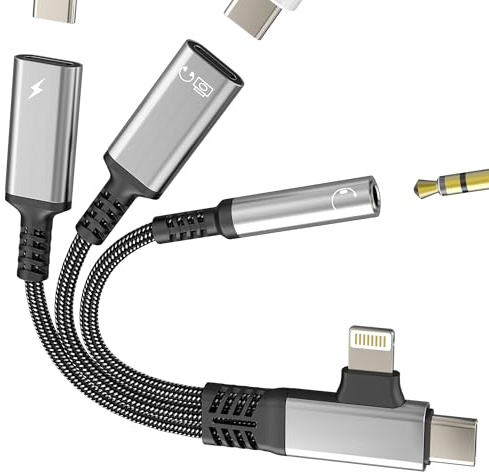 OTG USB C to 3.5mm Jack Adapter Aux Headphone Cable Lightning Audio for iPhone 17 16 15 14 13 Pro Max Compatible with Samsung S25 Type C Adaptor Charger Dual Port Plug Connector DAC Dongle for iPad