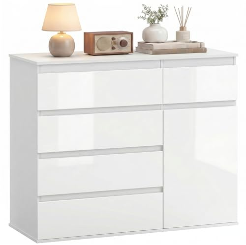 HOMCOM Aparador con 5 Cajones Aparador Recibidor 100x40x80cm Blanco Brillo