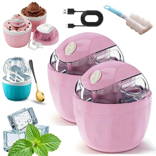 Mini Heladera Doméstica, Mini Máquina para Hacer Helados Caseros (DIY) con Cuchara, Preparador de Postres de un Solo Toque, Porción Individual de Gelato y Yogur Helado (Pink-B,2PCS)