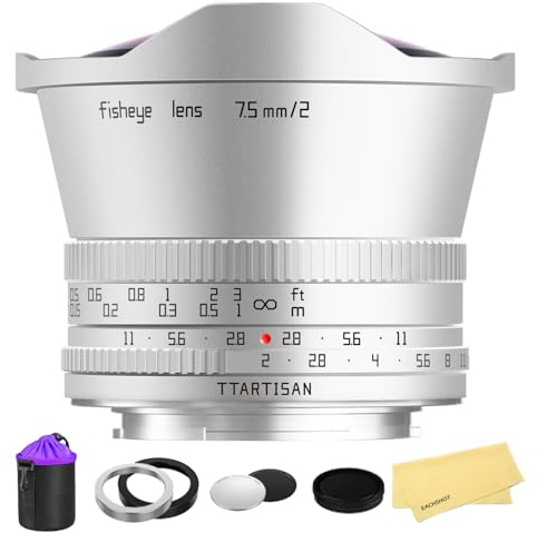 TTArtisan 7.5mm F2.0 Fisheye Lens for Fujifilm X-Mount, Wide Angle Manual Focus APS-C Lens for X-T5 X-T30 II X-S20 X-E4 X-Pro3 (Silver)