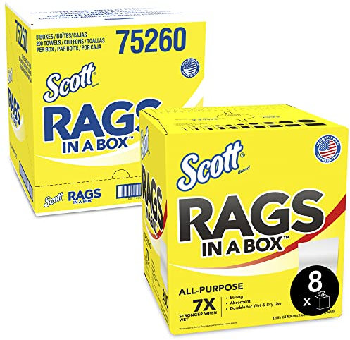 Scott Rags In A Box 75260 - Strapazierfähige Einmaltücher - 8 Kartons à 200 weiße Reinigungstücher für Autos (1.600 Papiertücher insgesamt)