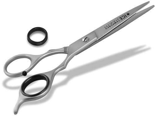 Haarschere ICE-ERGO mit Mikroverzahnung und Fingerablage 15.24 cm | Friseurschere mit sehr feiner geraden Mikro verzahnten Schnittfläche aus rostfreiem Edelstahl