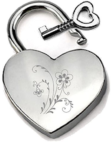 Silver-Tone Heart Padlock Engraved Flowers