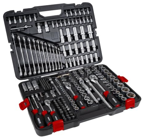 STIER Jeu de 216 douilles 1/4'', 3/8 et 1/2, Torx, Pozidriv, Phillips, 6 pans, à fente, XNZ, jeu de clés, boîte à outils