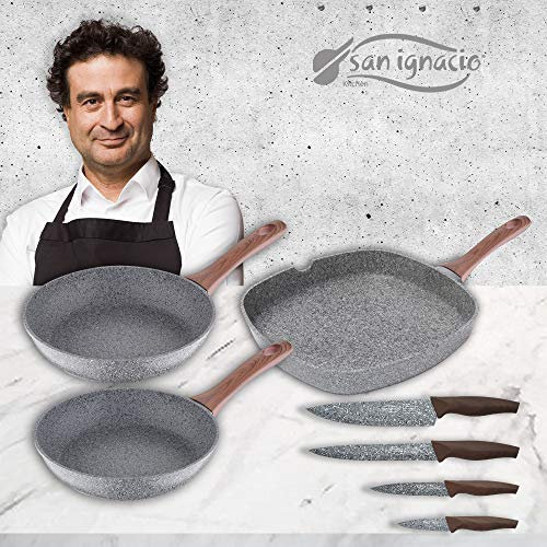 San Ignacio PK2050 Granito set 3 sartenes 24/26 + plancha 28x28 cms + 4 cuchillos, Aluminio forjado