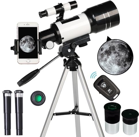 Telescope for Adults & Kids, 70mm Aperture Refractor (15X-150X) Portable Travel Telescope with Phone Adapter & Wireless Remote, Astronomy Beginners Gifts, Black