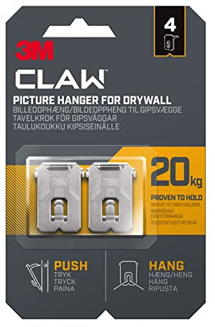 3M Claw Ganci da parete per appendere quadri in cartongesso, 4 ganci, portata fino a 20 kg, ideali per oggetti pesanti