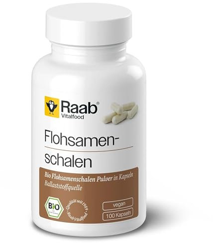 Raab Vitalfood® Bio Flohsamenschalen Kapseln (100 Stück) - fein vermahlenes Bio-Flohsamenschalenpulver mit hohem Quellvermögen, 68% pflanzliche Ballaststoffe, Ballaststoffquelle, vegan