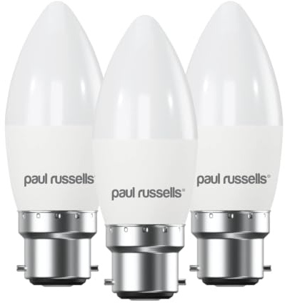 paul russells LED Candle – Dimmable Bayonet Fitting Light, 5.5W 470LM B22 C37 LED Bulbs, 40w Equivalent, 2700K Warm White, Dimmer BC Energy Saving Ceiling Lightsbulbs, Pack of 3