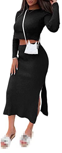 Alloaone Gerippte Strick-Sets für Damen, Herbst, lässig, Rundhalsausschnitt, langärmelig, Pullover + geteilter figurbetonter Rock, Anzüge, 04 schwarz, 46