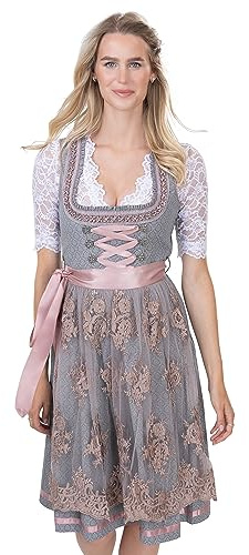 Schöneberger dräkter couture exklusiv designer Dirndl inkl. handbroderat spetsförkläde – Jacquard-Dirndl i grå/gammalrosa sophie, Grå/gammelrosa, 36