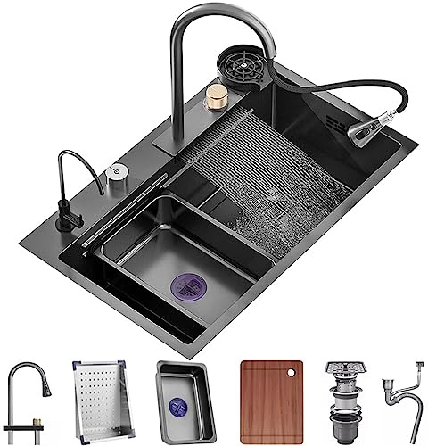Einzelbecken-Wasserfallspüle, Edelstahl-Küchenspüle, Nano-Beschichtung, Arbeitsplatzspüle mit ausziehbarem Wasserhahn und Tassenwascher, komplettes Zubehör-Set (Größe: 68 x 45 x 22 cm)