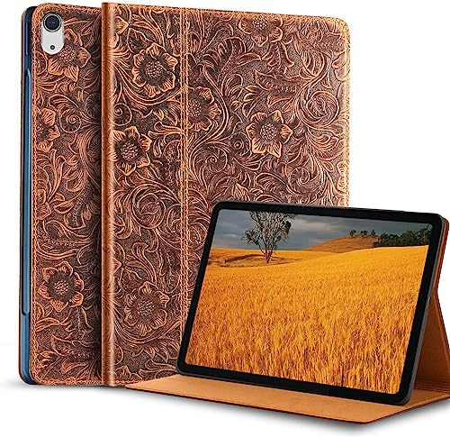 Gexmil Leder Hülle für iPad A16 11th Gen 11 2025,iPad 10th Gen 10.9 2022 | Premium Echtleder Cover/Flip,Auto Schlaf/Aufwachen,Schutzhülle Einstellbarer Ständer,Stoßfest,Blume Braun