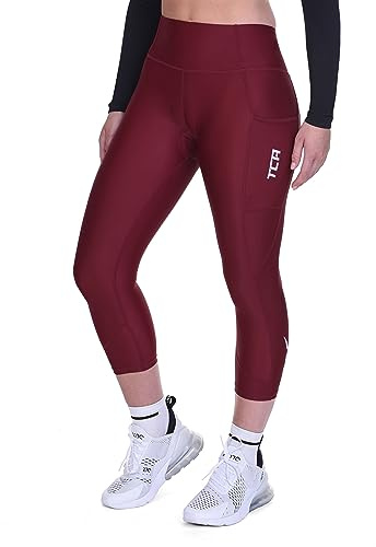 TCA Dam 3/4 vadderade cykelleggings hög midja andningsbara cykelshorts med fickor UPF 50+ halkskydd snabbtorkande, Cabernet, M