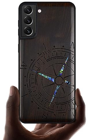 Carveit Designer Wooden Case for Samsung Galaxy S22 Case Cover [Wood Engraving & Shell Inlay] Compatible with Wireless Chargers Galaxy S22 Case (Compass-Blackwood)