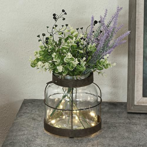 Vintage Glass Farmhouse Vase, Rustic Lantern Decor with Plants Lavenders Lights Vintage Style Vase for Home Decor Floral Arrangement Housewarming Hostess Gift