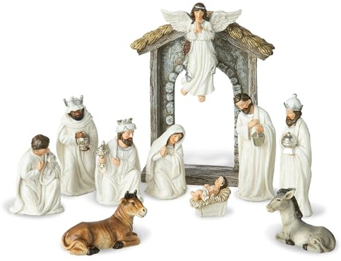 Glitzhome Christmas Nativity Set Nativity Scene Set Indoor 8 in Resin Nativity Figurines Set 11 Pcs Removable Angel Statue Ivory Nativity Sets & Figures Christian Holy Family Figure with Baby Jesus