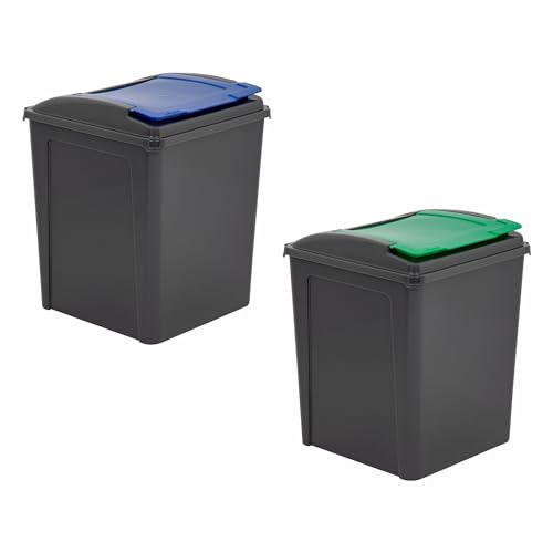 (Set of 2) 50L Litre Recycle Bin Plastic Indoor/Outdoor Recycling Waste Bin With Colour Coded Flap Lid Kitchen Garden Rubbish Bin Dustbin Trash Can Refused Bins Office Commercial Bins (Blue+Green)