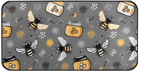 ZRWLUCKY Teppich, Küchenläufer, rutschfest, waschbar, Eingangsteppiche für den Innenbereich, Fußmatte, Schlafzimmer, Badezimmer, Wohnzimmer, 99,1 x 50,8 cm, Honigglas, Bienen, Blumen
