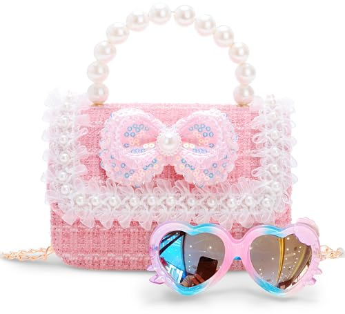 Little Girl's Princess Purse with Pearl Bow & Sunglasses - Crossbody Bag for 3-12 Year Olds