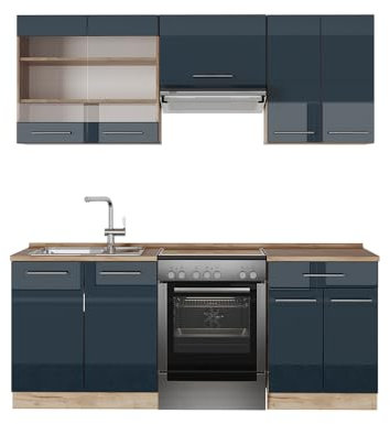 Vicco Küchenzeile Fame-Line, Dunkelblau Hochglanz/Goldkraft Eiche, 200 cm, AP Eiche