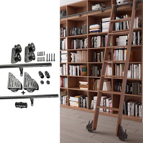 AYVADA Montagesatz für Bibliotheks-Rollleiter, Schienenlänge 100 cm/200 cm/300 cm/400 cm/500 cm/600 cm, vielseitig einsetzbar für Dachbodentreppen/Bücherregale, Schwarze runde Rohr-Gleitschiene, ko