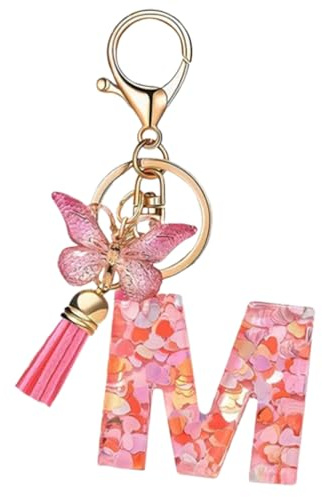 JchEnye Porte-clés alphabet, porte-clés avec lettres,pour filles, papillon pour femmes, rose, lettre M